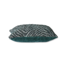 Load image into Gallery viewer, Cushion with jacquard weave black/petrol/white on one side - plain petrol velour on the other side. Hidden zipper closure. hk living
