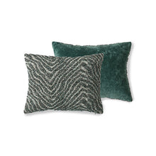 Load image into Gallery viewer, Cushion with jacquard weave black/petrol/white on one side - plain petrol velour on the other side. Hidden zipper closure hk living