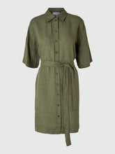 Load image into Gallery viewer, SLFLINNIE 2/4 SHORT LINEN SHIRT DRESS | OLIVINE SELECTED