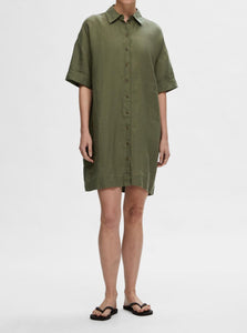 SLFLINNIE 2/4 SHORT LINEN SHIRT DRESS | OLIVINE SELECTED