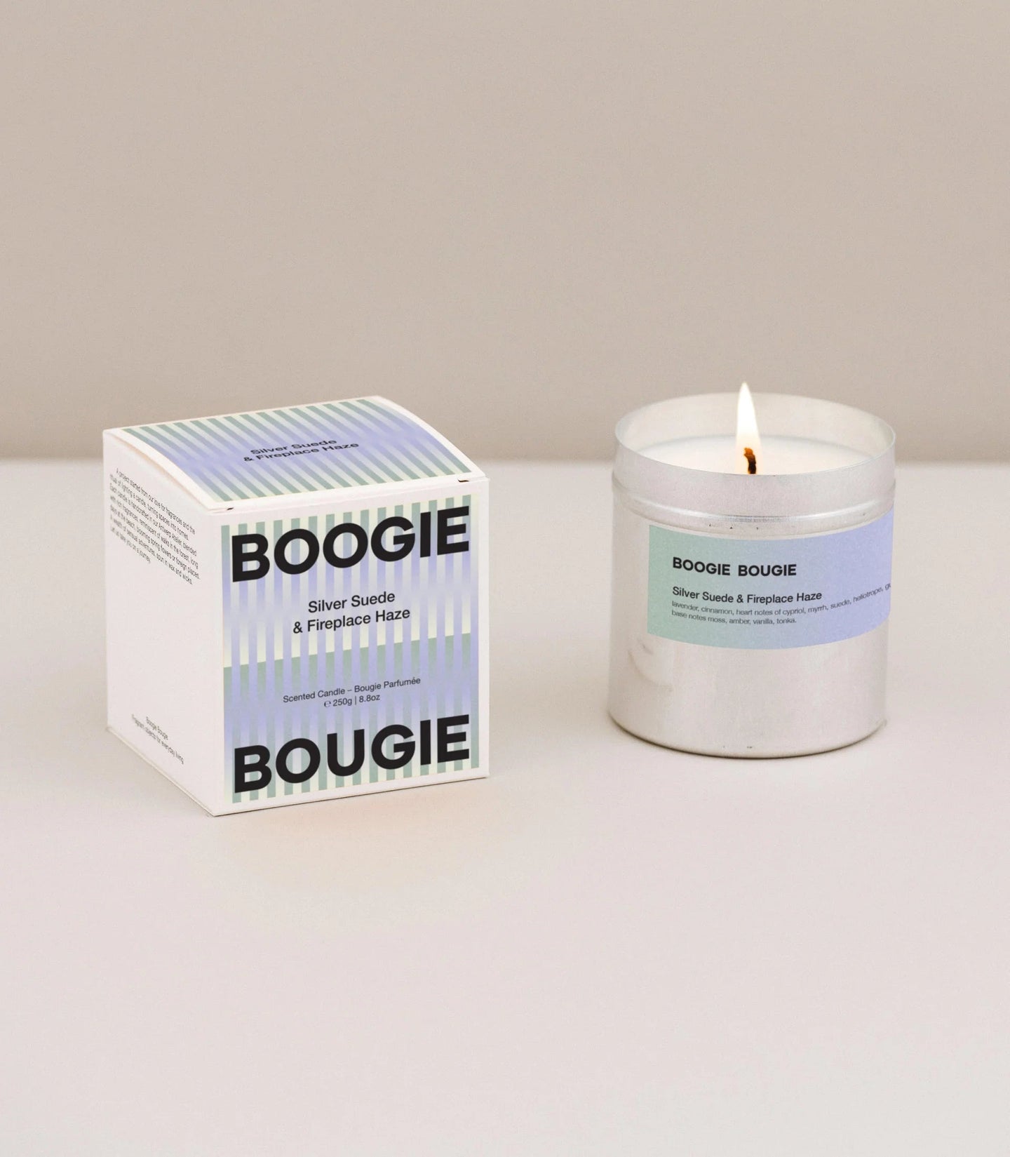 SCENTED CANDLE 250G | SILVER SUEDE & FIREPLACE HAZE BOOGIE BOUGIE