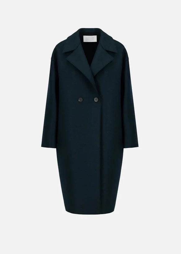 DROPPED SHOULDER D B COAT PRESSED WOOL | BOTTLE GREEN HARRIS WHARF LONDON