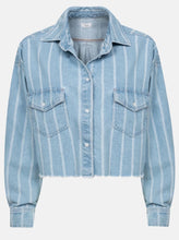 Load image into Gallery viewer, JYVAIS CROPPED DENIM JACKET | BABY-BLUE DENIM WITH STRIPES AME