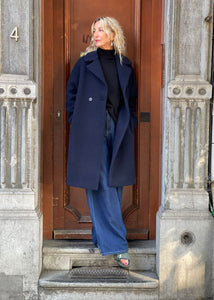 LONG PEACOAT PRESSED WOOL & POLAIRE COAT | NAVY BLUE