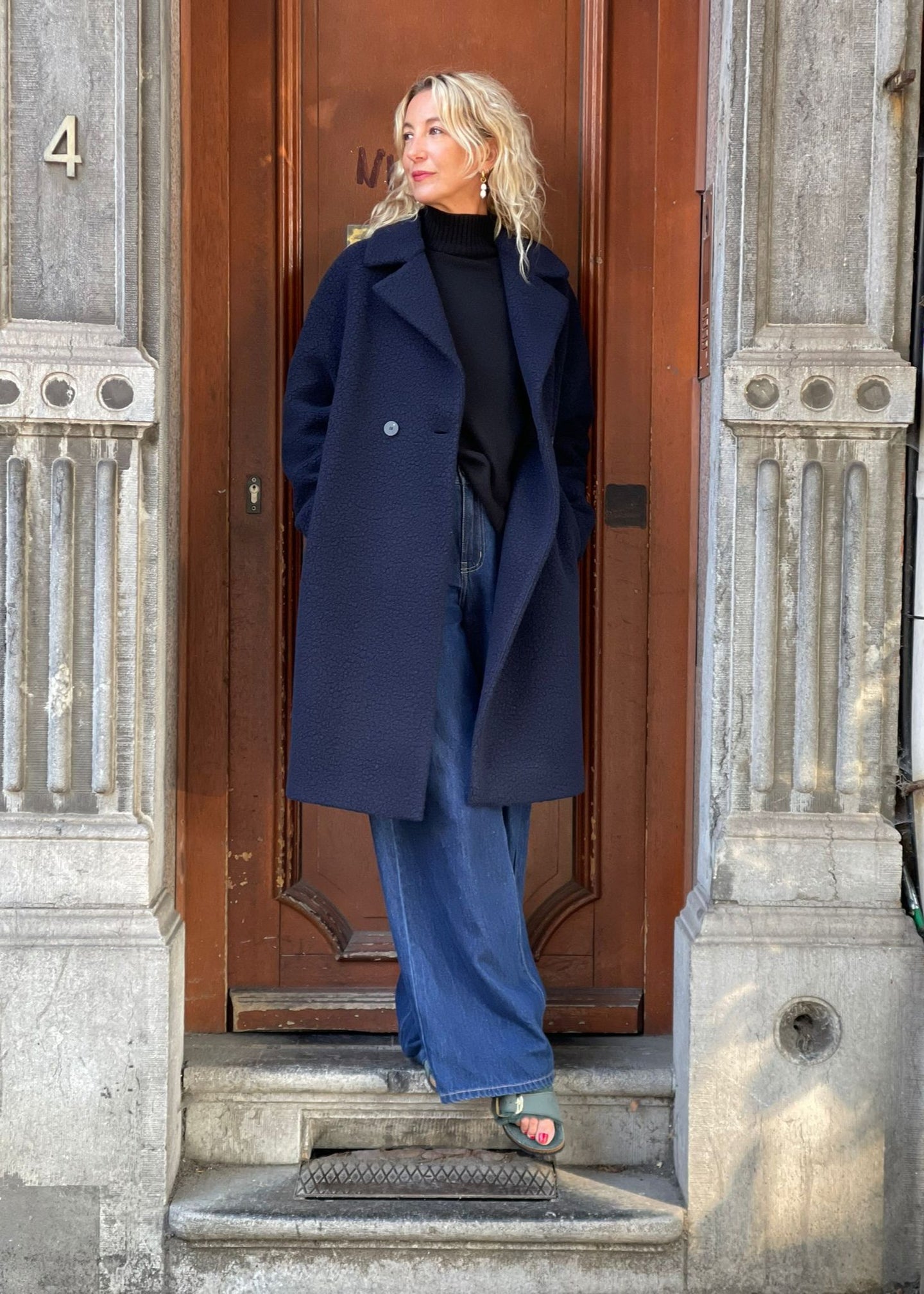 LONG PEACOAT PRESSED WOOL & POLAIRE COAT | NAVY BLUE