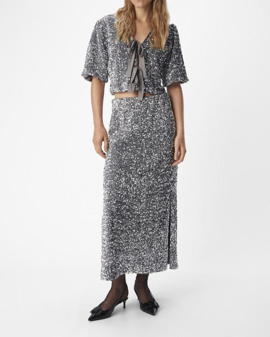 OBKINNE HW LONG SKIRT | ASPHALT/SILVER SEQUIN OBJECT