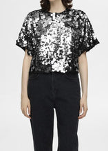 Load image into Gallery viewer, SLFTANA 3/4 SEQUIN CROPPED TOP | SILVER SELECTED